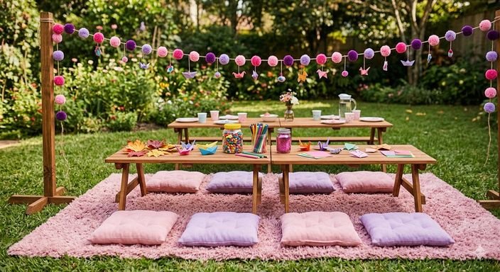 Mesas baixas com almofadas sobre tapete rosa no jardim