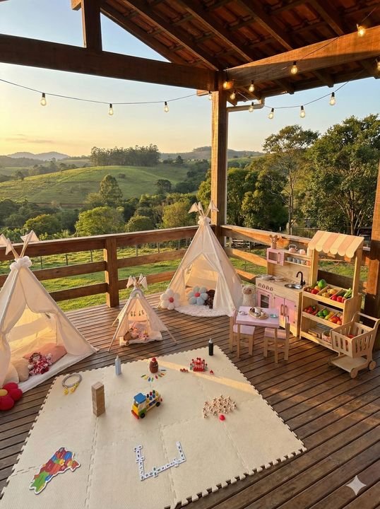 Teepee montado em deck de madeira com vista para o vale