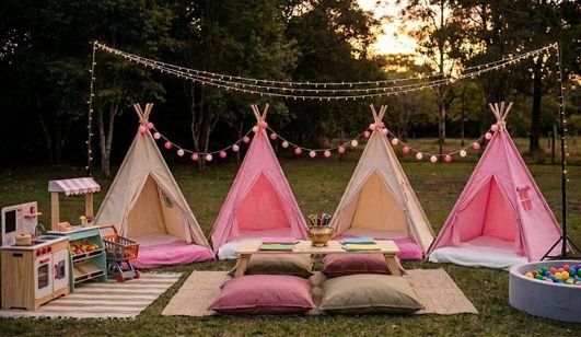 Cinco barracas teepee rosa e cru montadas no jardim ao pôr do sol