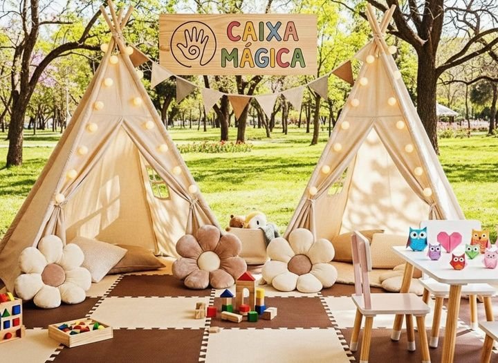 Barracas teepee no parque com placa Caixa Mágica e brinquedos de madeira