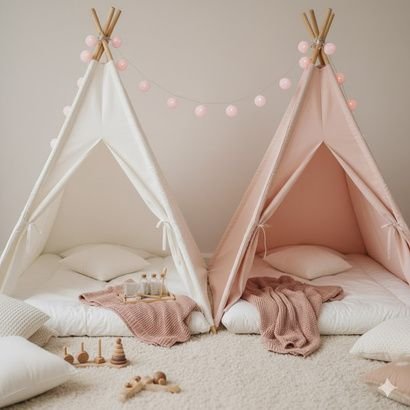 Duas barracas teepee em tom rosé com almofadas e manta de tricô